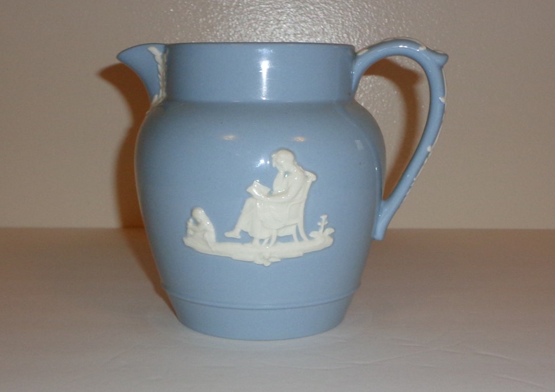 Wedgwood Embossed Queensware White on Blue Pitcher With Etsy