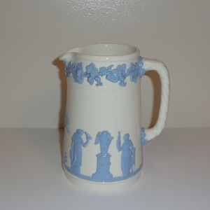 Wedgwood Embossed Queensware Lavender on Cream 5 1/2 inch Rope Handled Pitcher Made in England Free Standard Shipping in the U.S.A.