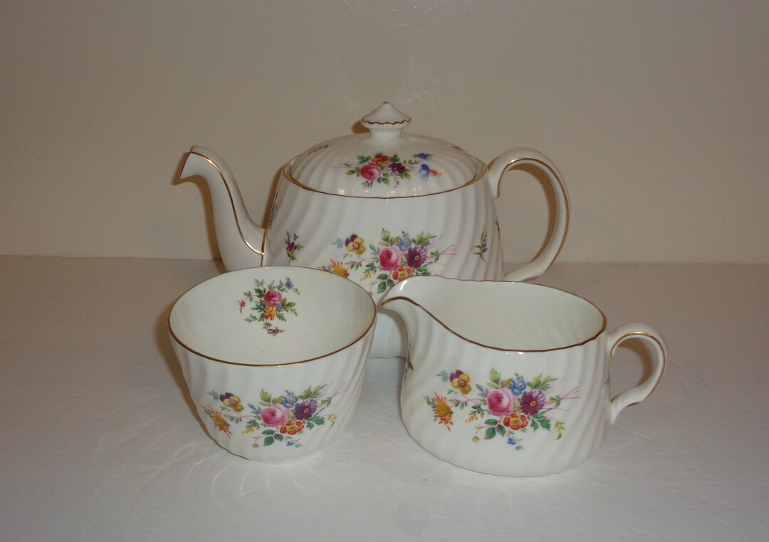 Minton Marlow Twist Design Teapot, Creamer and Sugar Strainer in Spout Fine Bone China Made in