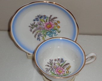 Royal Albert Blue Trim and Floral Cup and Saucer Bone China  Made in England