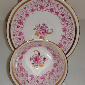Royal Chelsea Pink Leaves, Roses, and Gold Cup and Saucer Fine Bone China, Made in England, Free Standard Shipping in the U.S.A.