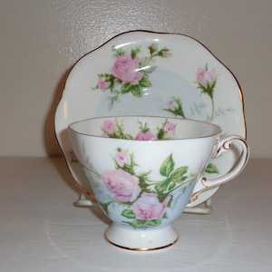 EB Foley Cabbage Rose Blue and White Cup and Saucer Fine Bone China Made in England Pattern 3855 Free Standard Shipping in the U.S.A.