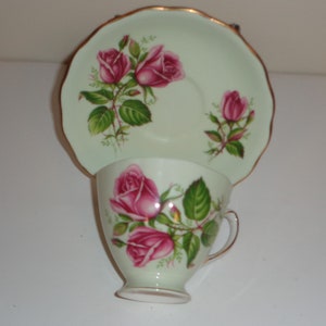 Colclough Cabbage Rose Mint Green Cup and Saucer Fine Bone China Made in England Free Standard Shipping in the U.S.A.