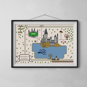 May include: A cross-stitch pattern of Hogwarts School of Witchcraft and Wizardry, featuring a detailed depiction of the castle, grounds, and surrounding forest. The text "Hogwarts School" is included in a banner at the bottom left.