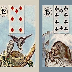 ORIGINAL traditional style Lenormand cards, created in old oil painting style. Choice of Blue, Cream or No Border! Choice of back cover!
