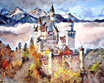 NEUSCHWANSTEIN CASTLE as a Stretched Canvas Print (with Knife Varnish Finish), Fine Art Print or Poster. Iconic European Costle!