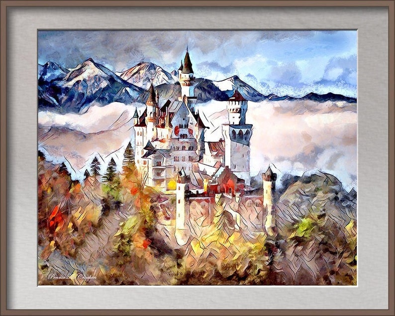 NEUSCHWANSTEIN CASTLE as a Stretched Canvas Print with Knife Varnish Finish, Fine Art Print or Poster. Iconic European Costle afbeelding 1