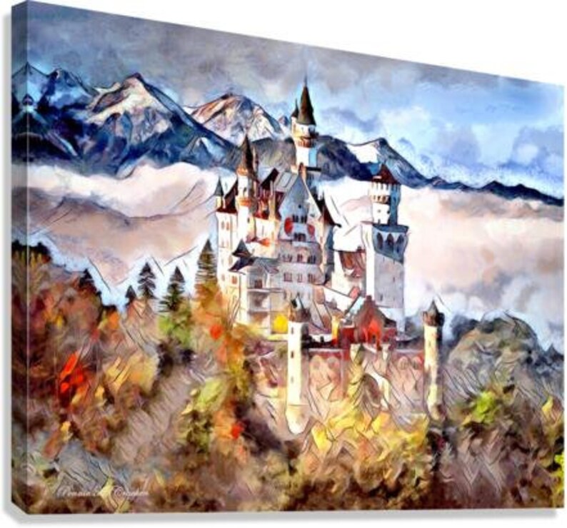 NEUSCHWANSTEIN CASTLE as a Stretched Canvas Print with Knife Varnish Finish, Fine Art Print or Poster. Iconic European Costle afbeelding 2