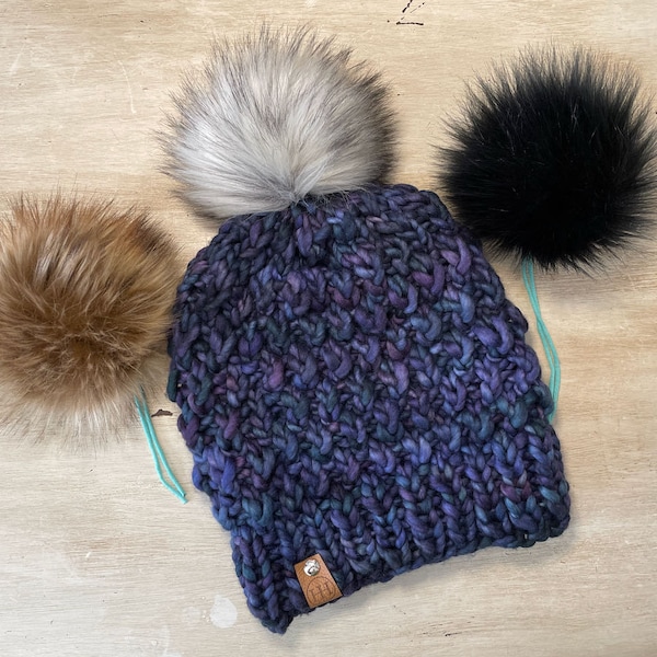 Merino Wool Knit Hat with Faux Fur Pom Pom