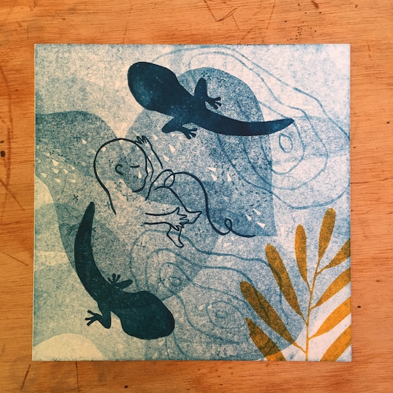 linocut - The tadpoles #2 - Before coming into the world