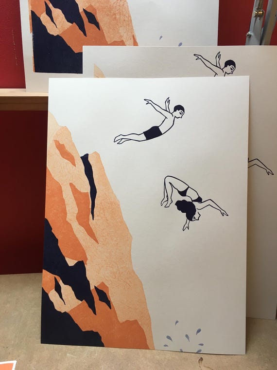 The Divers - Linocut