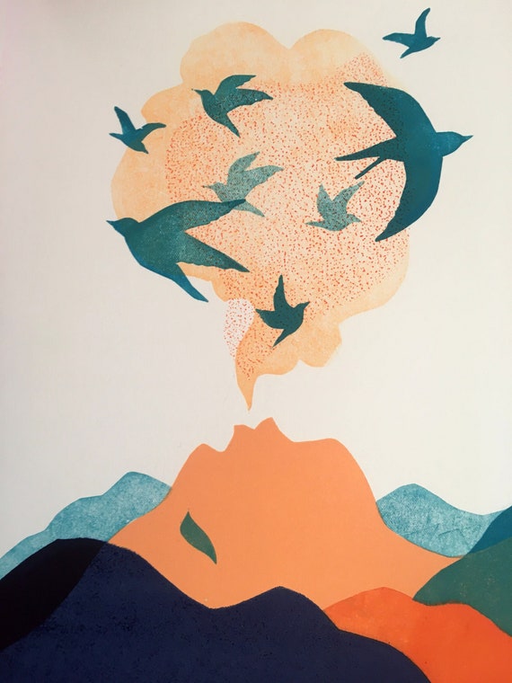 bird eruption - linocut