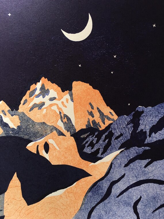 The beautiful star - Mont Viso - linocut