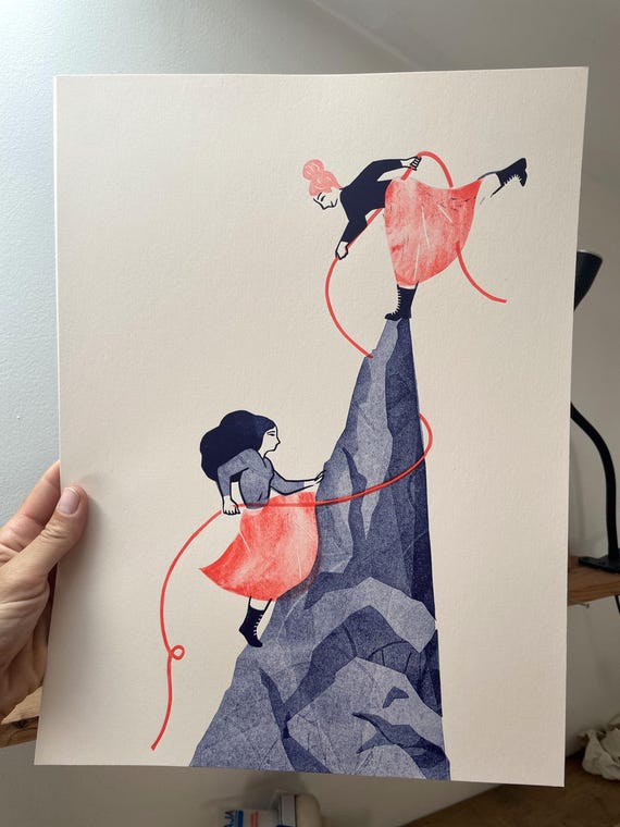 Climbing Partners / Linocut