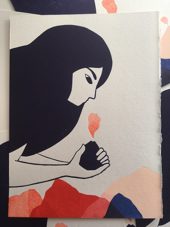 linocut 18x24 cm - VOLCANO WOMAN / eruption eruption