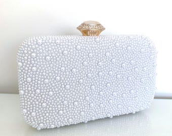 White Pearl Evening Clutch Beaded Handbag Detachable Strap