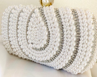 Pearl Clutch Bag White Wedding Bridal Beaded Clutch Purse For Bride Bridesmaid Maid Of Honour