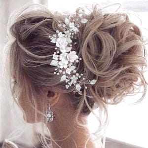 Bridal Hairpiece  Handmade White Clay Flowers Crystal Pearl Bride Hair Vine Silver Leaf Wedding Hair Accessories Delicate Headpiece Boho