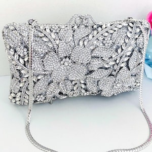 Bolso de mano de noche plateado, bolso con cristales, bolso de noche de etiqueta, bolso de mano con diamantes de imitación, bolso de mano de boda, bolso de novia, bolso plateado
