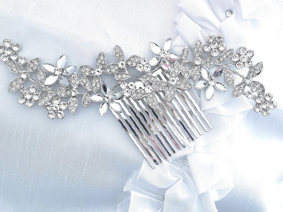 Elegant Silver and White Hair Comb H8 Wedding Hair Comb - Silver Wire Crystals Beautiful  main image 4