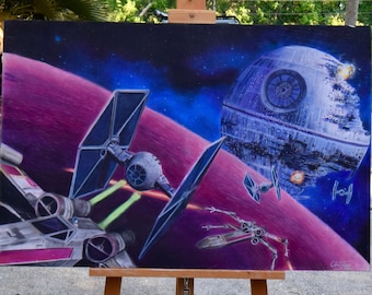 STAR FIGHT| Original Pastel Painting| 24"x36"| Ready to Hang, Sci Fi Art