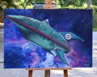 Future Delivery Space Ship| ORIGINAL Pastellmalerei| 24"x36"| Fertig zum Aufhängen, Sci Fi Cartoon Art, Nerdy Decor