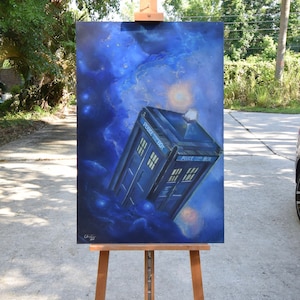 Blue Police Box| ORIGINAL Pastel Painting| 24&quot;x36&quot;| Sci Fi British Show, Nerdy Decor