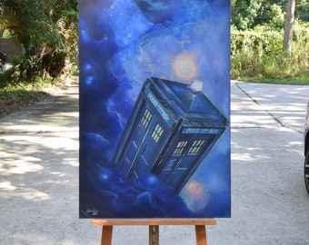 Blue Police Box| ORIGINAL Pastel Painting| 24"x36"| Sci Fi British Show, Nerdy Decor