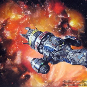 May include: A silver spaceship flies through a nebula of red, orange, and yellow gas. The spaceship has a long, cylindrical body with a pointed nose and a large engine at the rear. The nebula is filled with stars and other celestial objects.