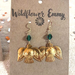 Southwestern Thunderbird Earrings: Boho Brass Dangles, 14K Hooks