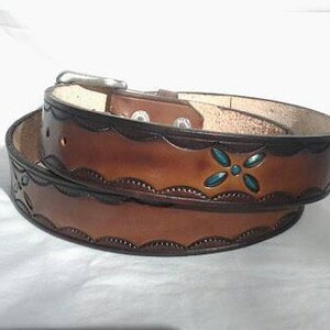 Brown Oak and Turquoise Scallop Handcrafted Genuine Leather Belt. Made in U.S.A.