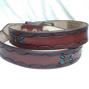 Burgundy and Turquoise Scallop Handcrafted Genuine Leather Belt. Made in U.S.A.