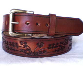 Texas Prairie Handtooled Genuine Leather Belt. Made in 