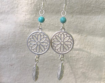 Stylish Turquoise and Sterling Silver Dreamcatcher Earrings