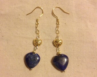 Lapis Lazuli Drop Earrings with Gold Vermeil Filigree Hearts