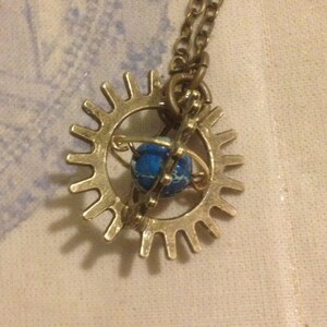 Steampunk Armillery Sphere Pendant with Blue Sea Sediment Jasper & Dark Brass Chain image 1