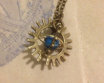 Steampunk Armillery Sphere Pendant with Blue Sea Sediment Jasper & Dark Brass Chain