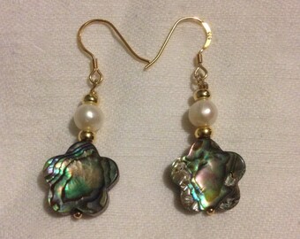 Psychedelic Abalone Shell Flower Earrings with Pearls