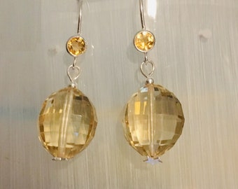 Step-cut Sparkly Citrine Earrings in Sterling Silver with Citrines on the hooks