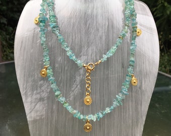 Beautiful Long Boho Blue Apatite Necklace with Gold Coins and Extender Chain