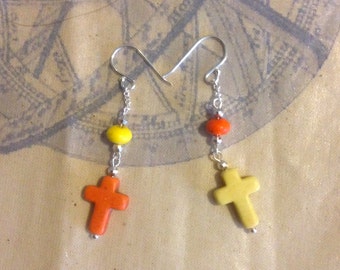 Silver Asymmetric Rock Festival Cross Earrings in Yellow & Orange Magnesite