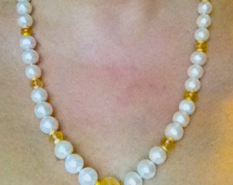 Large Pearl and Citrine Necklace with Sparkly Gilded Silver Spacer Beads