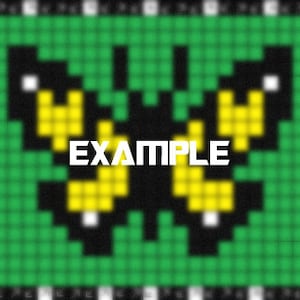 May include: Pixelated butterfly design in yellow and black on a green background, with the word "EXAMPLE" in white. The design is framed by a black and white checkered border.
