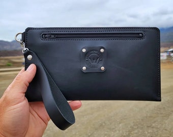 Black Leather Clutch Wallet with Removable Wrist Strap