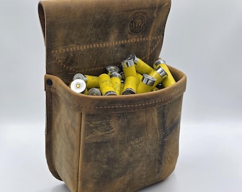 Handmade Leather Shotgun Shell Bag Distressed - Shooting Pouch for Trap, Skeet & Sporting Clays – Fits 2.5” Belt - 100 20ga Shell Capacity