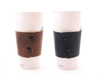 EcoFriendly and Reusable Leather Coffee Cup Sleeve with Snaps & Can Be Personalized - Leather Cup Sleeve