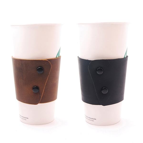 EcoFriendly and Reusable Leather Coffee Cup Sleeve with Snaps & Can Be Personalized - Leather Cup Sleeve