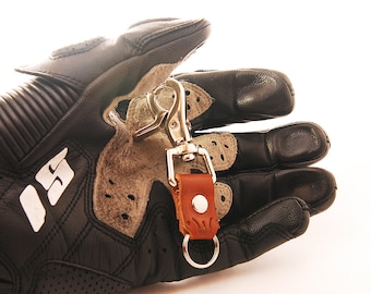 Llavero Moto Clip: Gatillo cromado, llavero de cuero para motocicleta