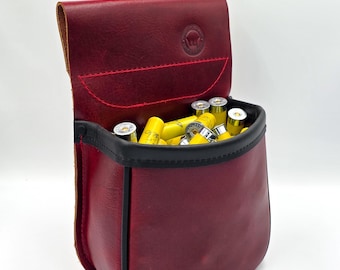 Handmade Leather Shotgun Shell Pouch – Red Black Chrome Tanned, 100 20ga Shell Capacity