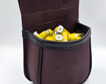 Handmade Leather Shotgun Shell Pouch – Pebble Brown, Black Trim, Sporting Clays Bag - 100 20ga Shell Capacity